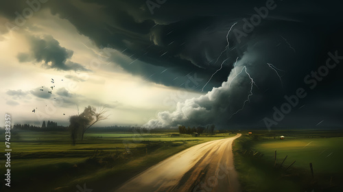 View of a large tornado, artistic landscape of natural disasters