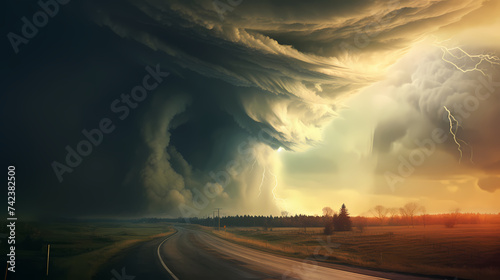 View of a large tornado, artistic landscape of natural disasters