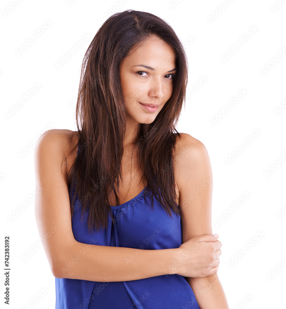 Woman, studio and portrait with smile, confidence and fashion for style isolated on white background. Model, positivity and happiness with secret, fun and flirt or excited for playful proud youth Woman, studio and portrait with smile, confidence and fashion for style isolated on white background. Model, positivity and happiness with secret, fun and flirt or excited for playful proud youth