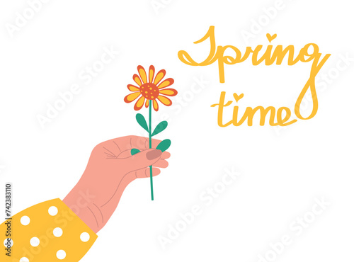 Woman's hand holds a flower and the inscription nearby is Time of Spring. Vector spring illustration suitable for postcard, banner, flyer, screensaver