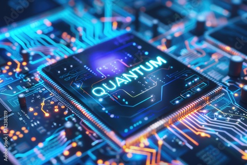 computer chip circuits, with a word "QUANTUM" at the center. The intricate circuitry is highly detailed, forming a complex network, and the neon blue color enhances the futuristic aesthetic