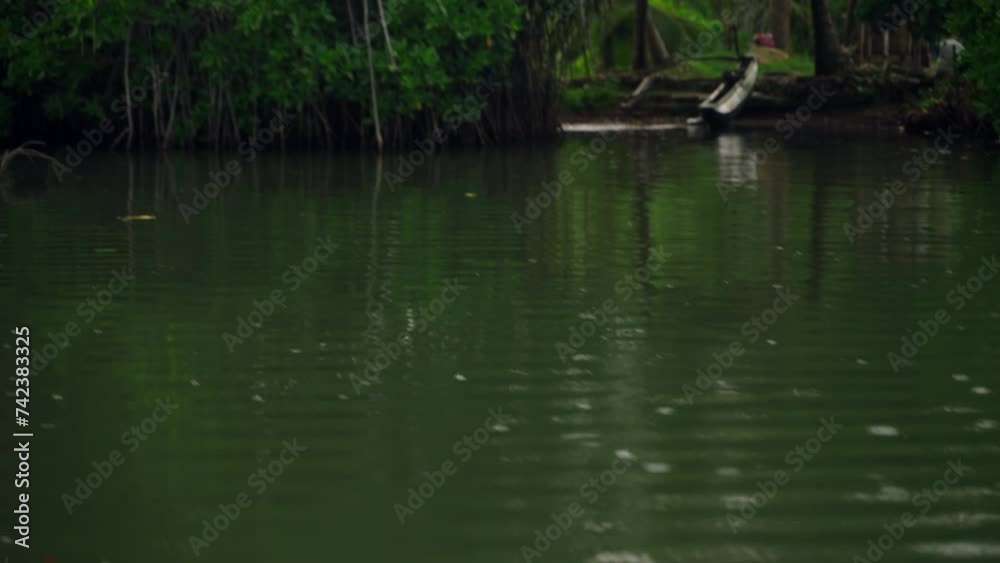 Clear droplets fall on tranquil water creating ripples across the serene lake surface. Drops form patterns, reflect light in natural surroundings, perfect for zen-like ambiance. Clear droplets fall on tranquil water creating ripples across the serene lake surface. Drops form patterns, reflect light in natural surroundings, perfect for zen-like ambiance.