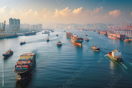 Congestion at maritime shipping lane in city harbor. Chaotic mosaic of cargo ships navigating through narrow channels with precision and caution
