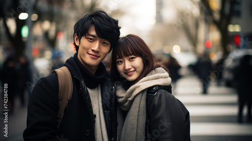 A half-Korean, half-Chinese couple stood smiling while parking in Tokyo. No beard, wearing a winter coat, very handsome, wearing a blouse, long, soft, wavy hair on the outside, beautiful bangs.