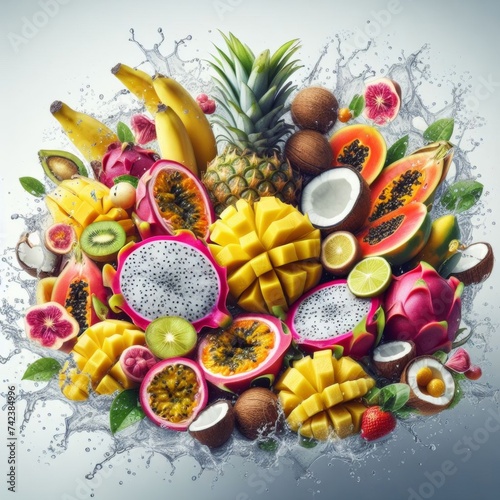 Colorful Fruits, fruitjuices and nuts splashing with water  