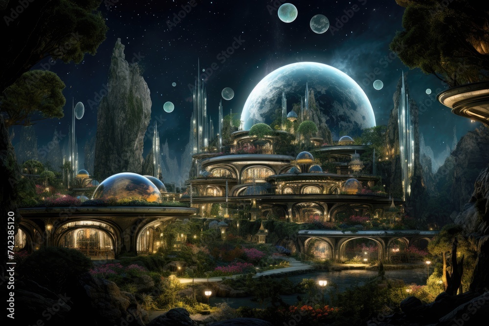 serene moon colony with glass domes and lunar gardens.