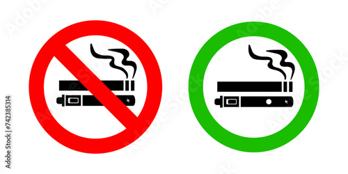 No smoking no vaping and smoking area sign set. Forbidden sign icon isolated on white background vector illustration. Cigarette, vape in prohibition circle and green allowed area.