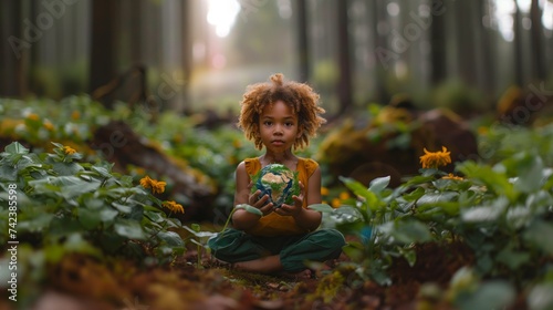 A child sits crosslegged in the forest  cradling a globe