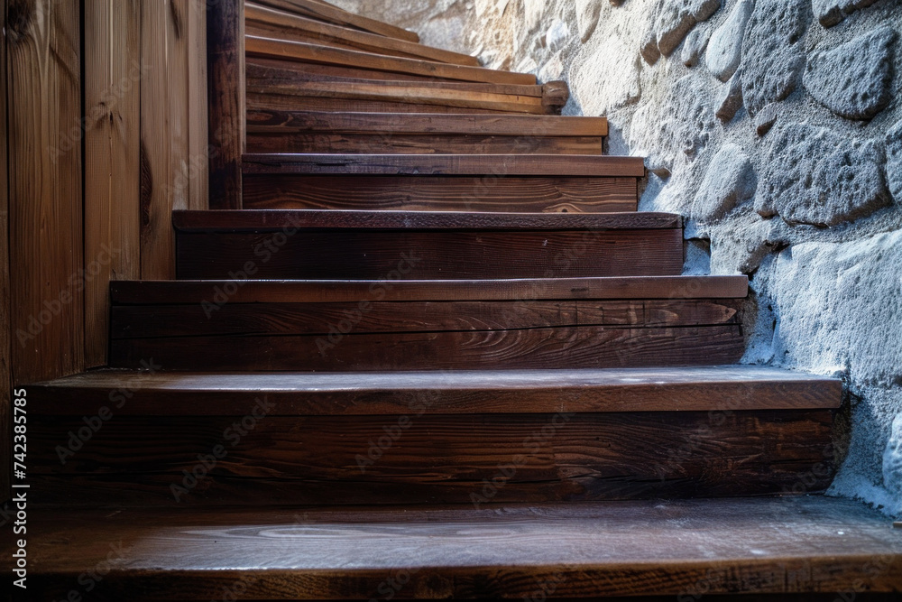 Wooden staircase in rustic interior setting. Architecture and design.