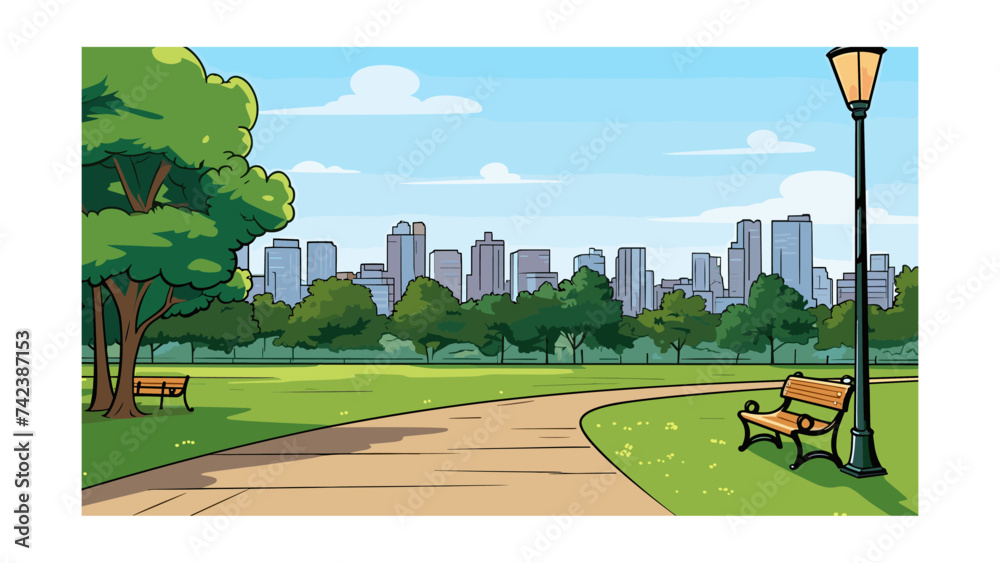 City park with bench, trees and skyscrapers. Vector illustration Stock ...