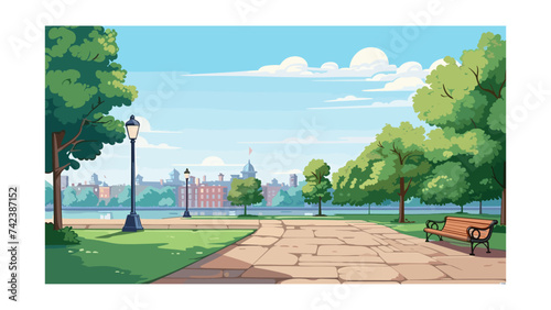 City park with bench, trees and skyscrapers. Vector illustration