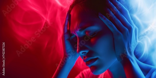 Woman suffering from headache. Depressed and stressed woman because of pain and migraine, touch her his temples, tension problem, vertigo or dizziness photo