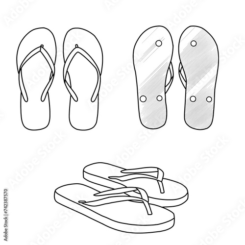 Sketch of flip flops sandals vector illustration. Outline vector doodle illustration, front, top, and bottom view.