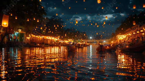 white paper lantern in the sky, Loi Krathong festival or Yi Peng in Thailand, people with white paper lanterns at Loy Krathong Thailand, Family release sky lanterns