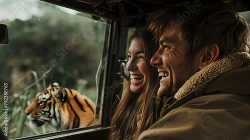 Joyful couple on safari adventure watching a tiger. candid emotions, leisure activity in nature. wildlife encounter experience. AI