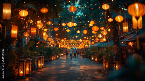 city street lights at  Loi Krathong festival or Yi Peng in Thailand,  photo
