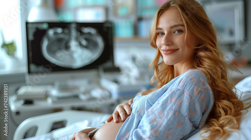 A pregnant young woman in a hospital bed with the background a computer screen of an Ultrasound Sonogram Procedure to a Pregnant Woman. future Mother