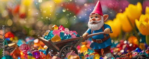 Plasticine gnome with a wheelbarrow full of gems vivid colors popping photo