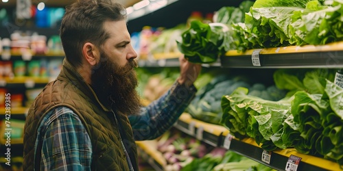 Man with a beard shopping for fresh lettuce in a grocery store. Concept Fresh Produce, Grocery Shopping, Healthy Lifestyle, Man with Beard, Food Choices