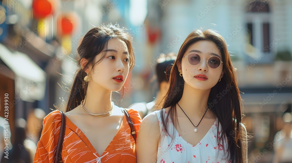 Two stylish young women enjoying a sunny day downtown. casual elegance. perfect for lifestyle blogs. AI