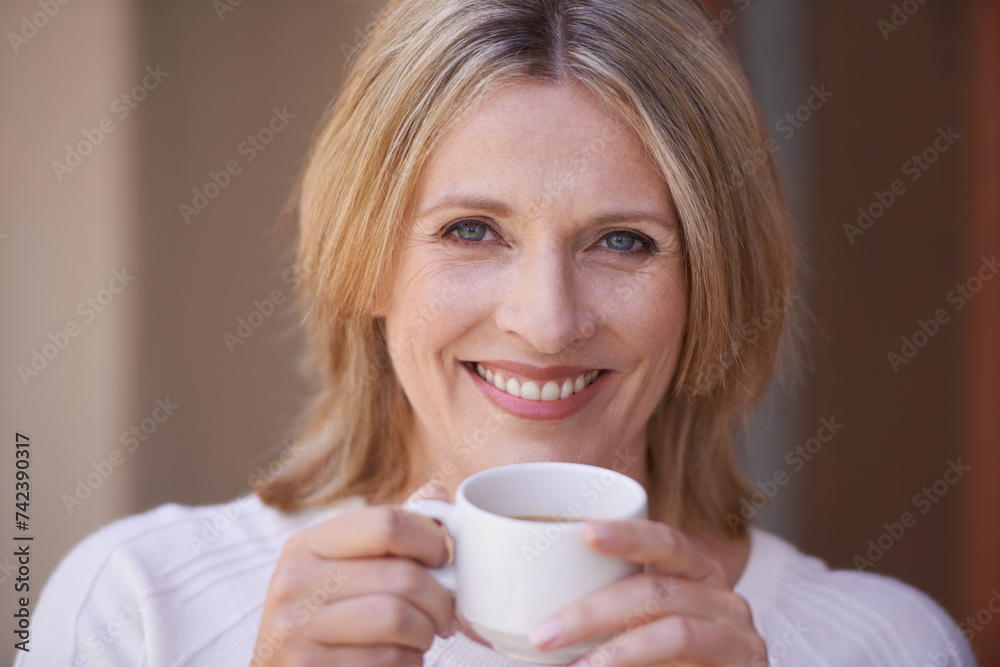 Portrait, happy and mature woman with coffee for morning, ambition or fresh cup of tea to start the day. Face of female person with smile, beverage or latte for caffeine drink at cafe or restaurant Portrait, happy and mature woman with coffee for morning, ambition or fresh cup of tea to start the day. Face of female person with smile, beverage or latte for caffeine drink at cafe or restaurant