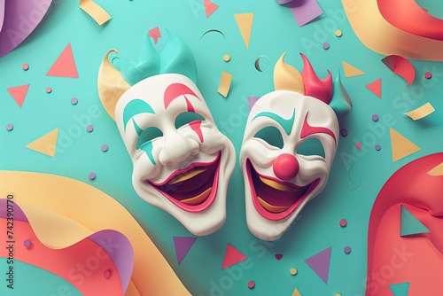 April Fools Day banner, funny clown circus performer background, place for text