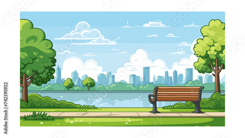 Park scene with bench and city skyline in the background. Vector illustration