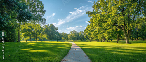 Public park with large trees, green grass field, walk path track 
