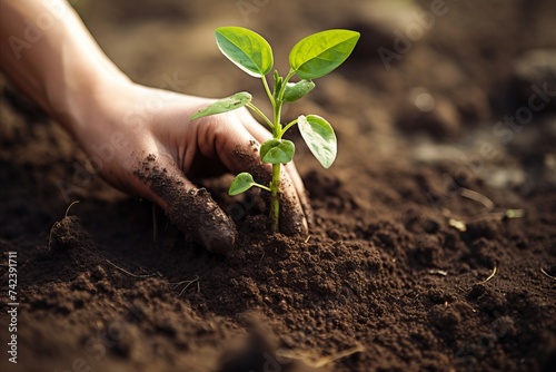Strengthened hands plant a plant and contribute to eco-friendly environmental restoration activities