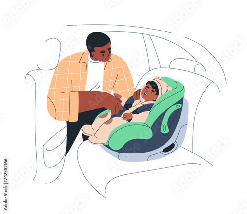 Baby sitting in safety car seat. Father fastening kid in toddlers auto chair. Cute little boy in carrier. Dad parent travels with child passenger. Flat vector illustration isolated on white background