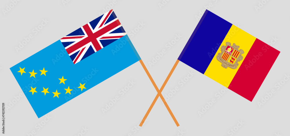 Crossed flags of Tuvalu and Andorra. Official colors. Correct proportion