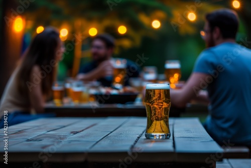 empty table with blurred people clinking beer glasses in the background bbq