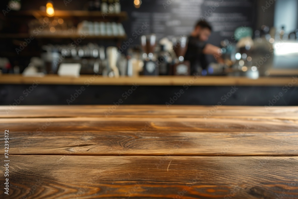 wooden table foreground, blurred barista making coffee behind wooden table foreground, blurred barista making coffee behind