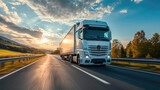 Modern semi-truck with clean white trailer speeding along a vast driving on the countryside road, transportation, modern supply chain, commercial transport, logistics management, trucking industry