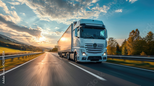 Modern semi-truck with clean white trailer speeding along a vast driving on the countryside road, transportation, modern supply chain, commercial transport, logistics management, trucking industry © Intelligent Horizons