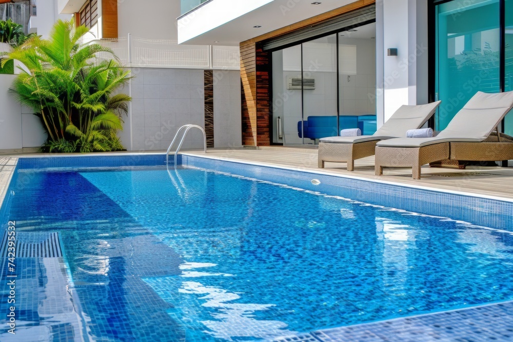 A sleek and stylish modern swimming pool adorned with lounge chairs and surrounded by a spacious area.