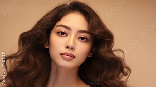 Beautiful Asian woman with long curly hair, Korean makeup, touching face and perfect skin on isolated beige background. Facial care. Cosmetology. Plastic surgery.