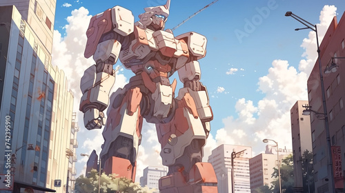 illustration big robot in the city, anime background photo