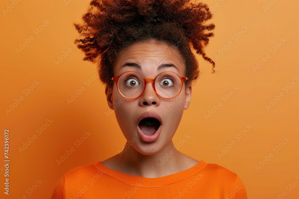A woman with glasses and an orange background. Generative AI. A woman with glasses and an orange background. Generative AI.