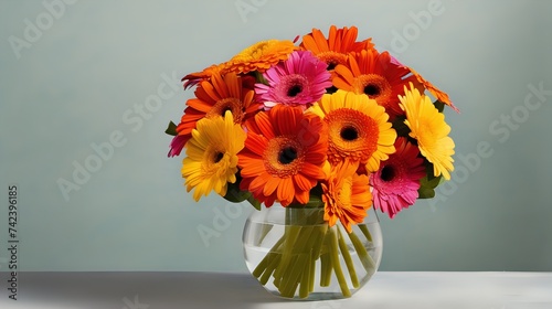 A playful bouquet of colorful gerbera daisies and vibrant marigolds, reflecting youthful love and optimism. photo
