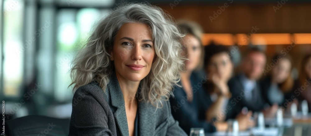 A woman in a business suit is sitting in front of a group of people. Generative AI.