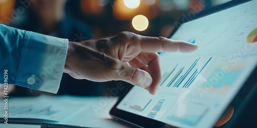 hand of a businessman working as a digital marketer using a tablet to analyse data