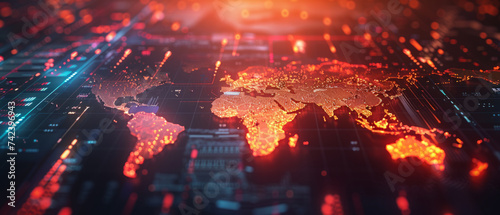 a world map glowing in orange and red hues, symbolizing connectivity and data flow on a grid-like pattern, suggesting international networks and cyber technology.