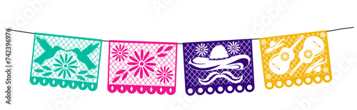 Mexican papel picado paper cut holiday flags and banners. Day of the Dead, Dia De Los Muertos and Cinco de Mayo flags with. Vector illustration. isolated on a white background. photo
