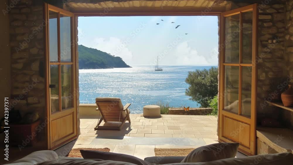 view of the sea from living room. sea view from the window. seamless looping overlay 4k virtual video animation background 