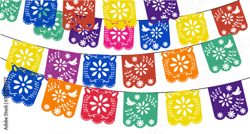 paper garland mexican. multi colored template with hanging traditional Mexican flags. Vector stock illustration. isolated on a white background. 
