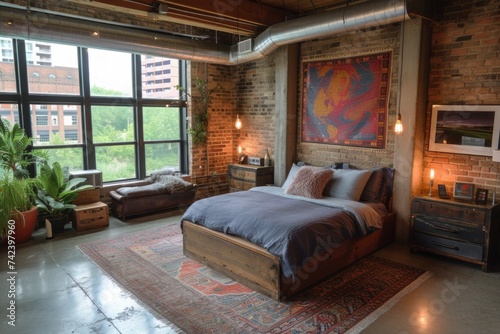 A contemporary bedroom featuring a prominent brick wall and expansive windows, showcasing an industrial loft aesthetic.