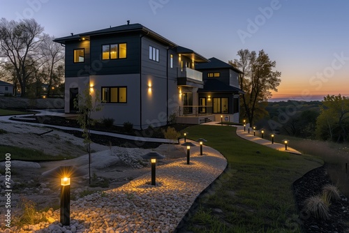 twostory modern home with led path lights at dusk photo