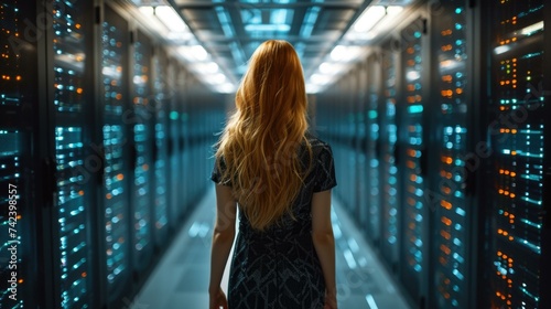 A woman standing in a server room. Generative AI.