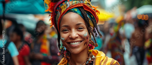 Smiling woman wearing a colorful headwrap and traditional attire with blurred festival background.
